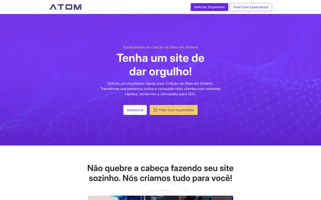 Página de criação de sites da Atom Digital