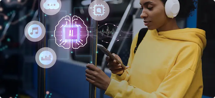 Pessoa usando o celular cercada de ícones de mensagens e inteligência artificial