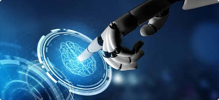 Mão robótica tocando uma interface digital com um cérebro, representando a busca feita por inteligência artificial