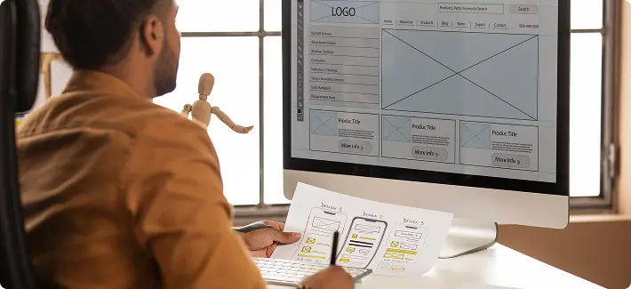Designer desenhando o wireframe de uma página