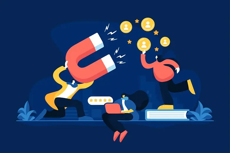 Ilustração em vetor que mostra três personagens com imã, computador e moedas
