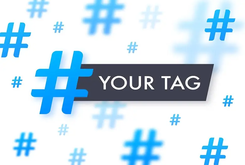 Fundo branco com vários símbolos de hashtag em azul