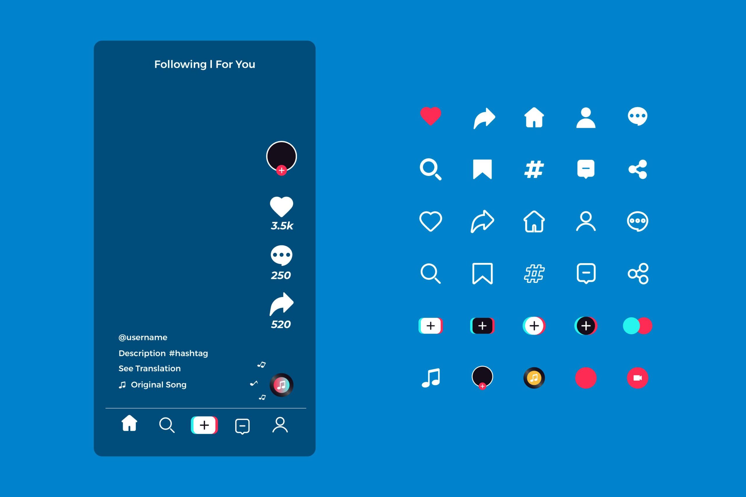 Interface ilustrativa do TikTok com tela de exemplo de vídeo, mostrando botões de curtir, comentar e compartilhar, ilustrando sobre o marketing de redes sociais.