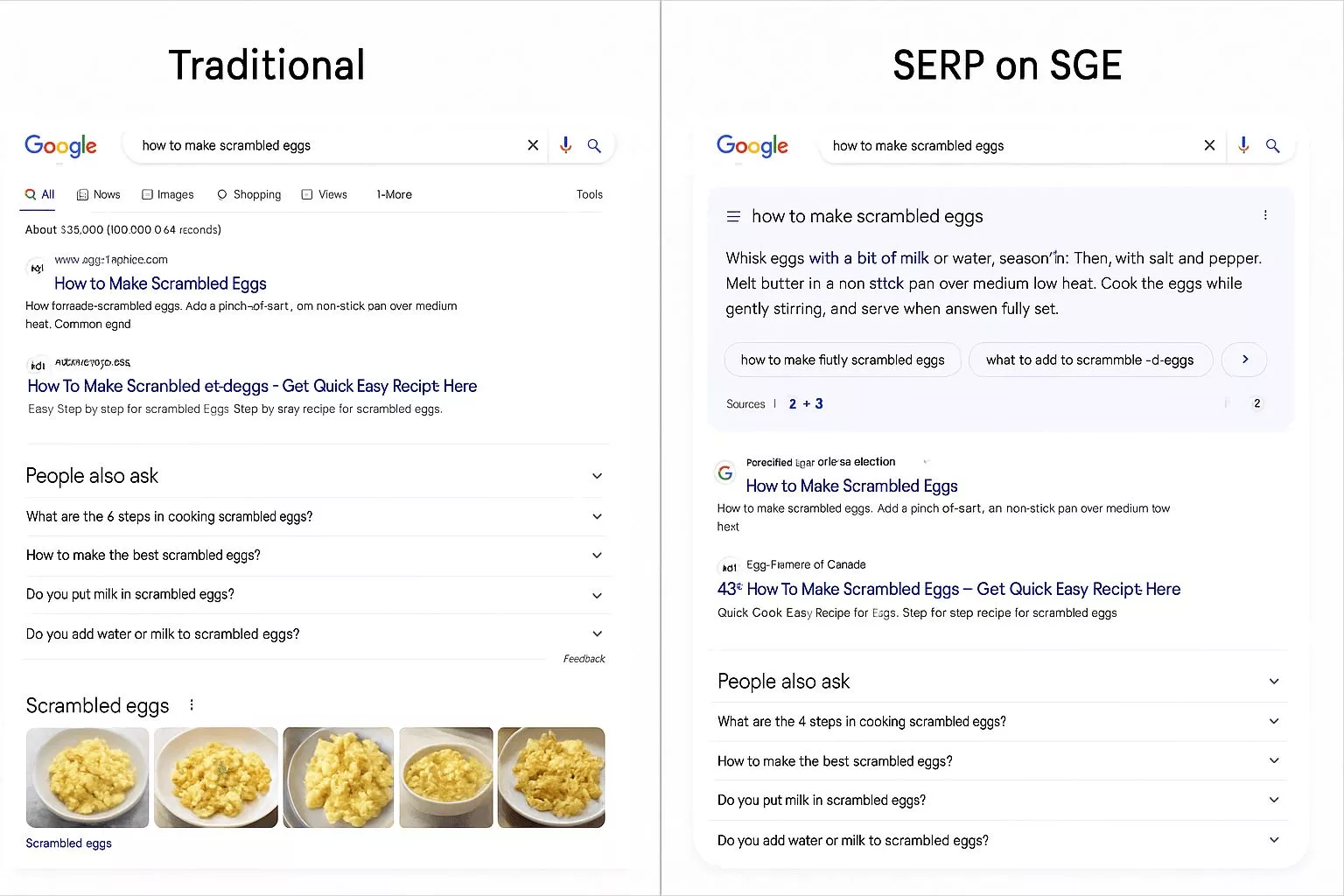 Pesquisa direta na SERP do Google com comparação direta entre a forma tradicional de pesquisa e com SGE