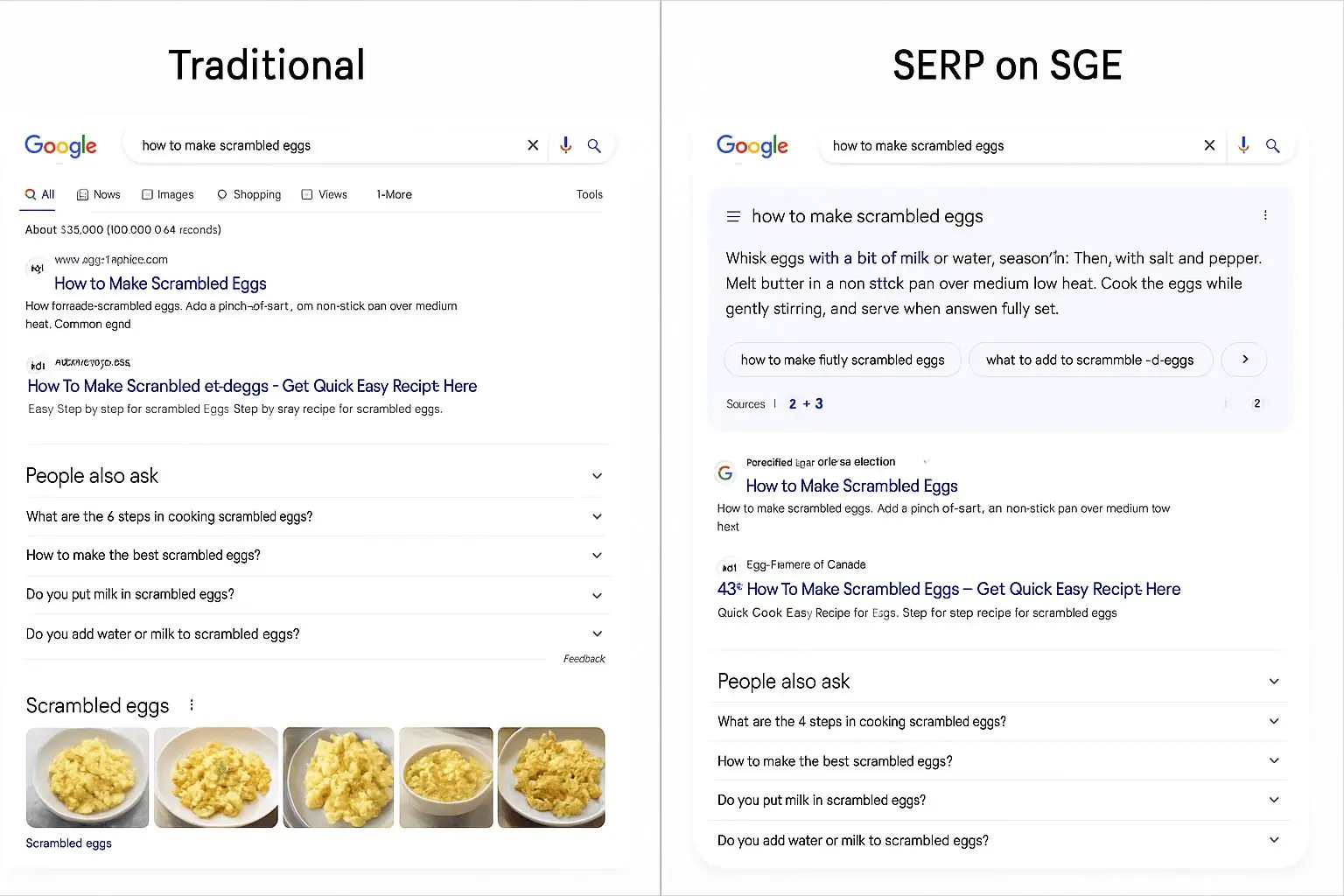 Pesquisa direta na SERP do Google com comparação direta entre a forma tradicional de pesquisa e com SGE